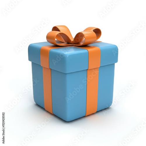 Blue gift box with orange ribbon and decorative bow isolated on white background for holidays, gifting, celebrations, and colorful design inspirations. photo