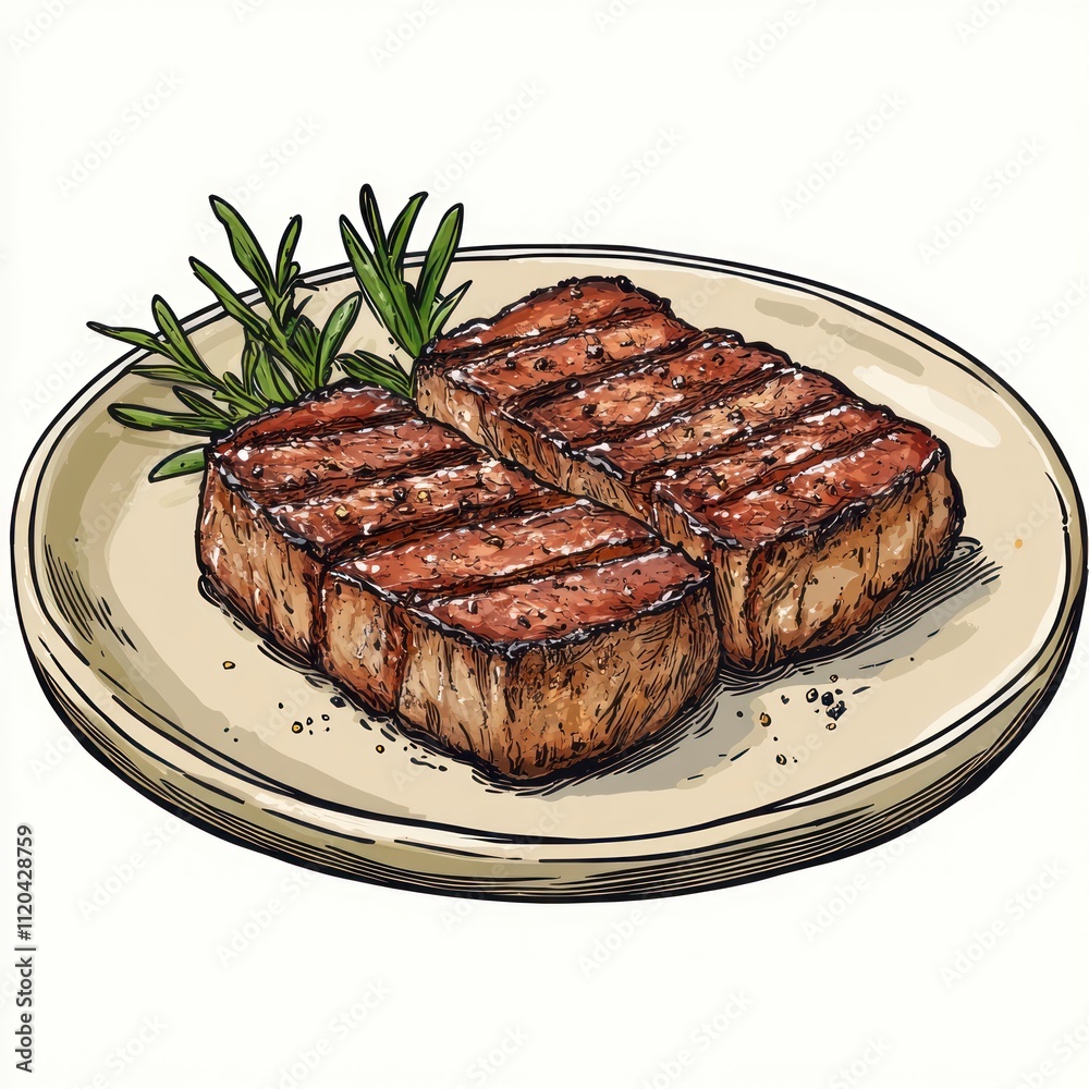 A plate of grilled steak with herbs, showcasing a delicious meal. A plate of grilled steak with herbs, showcasing a delicious meal.