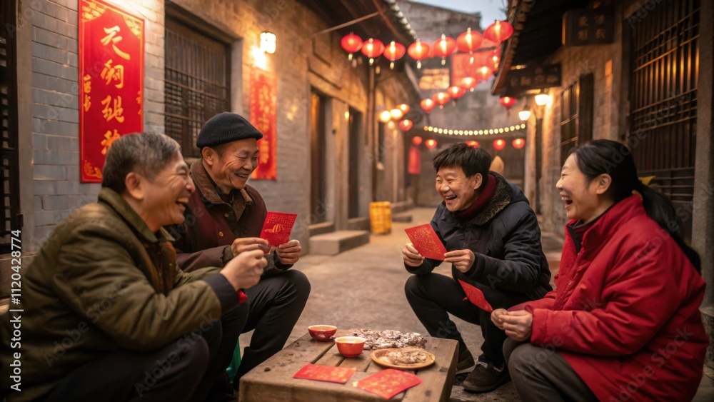 A group of friends gathers in a small courtyard playing traditional games while enjoying snacks and tea. Red envelopes filled with money are exchanged a them symbolizing good luck A group of friends gathers in a small courtyard playing traditional games while enjoying snacks and tea. Red envelopes filled with money are exchanged a them symbolizing good luck