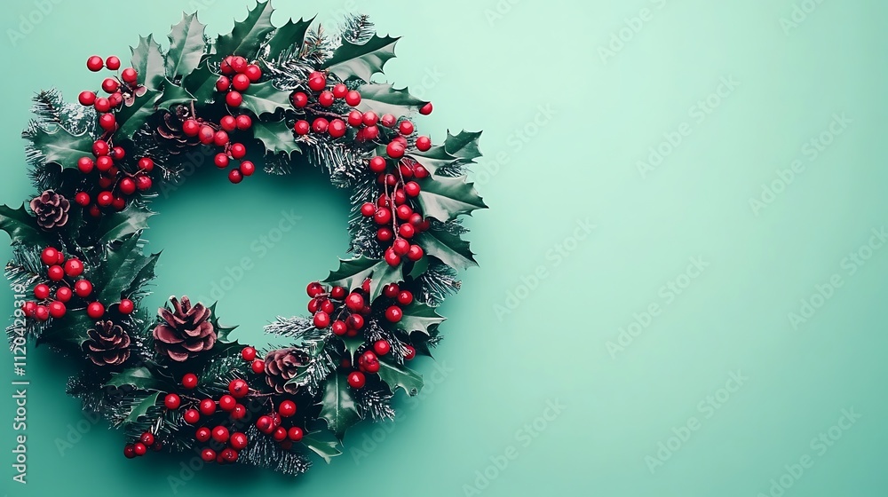 Christmas wreath with holly berries framed against a mint green background. Christmas wreath with holly berries framed against a mint green background.