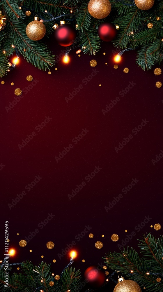Christmas background with vibrant tones and decorative tree branches. Adorned with dark lights and shimmering ornament balls, elegant holiday frame. Perfect for banners, posters, or festive designs. Christmas background with vibrant tones and decorative tree branches. Adorned with dark lights and shimmering ornament balls, elegant holiday frame. Perfect for banners, posters, or festive designs.