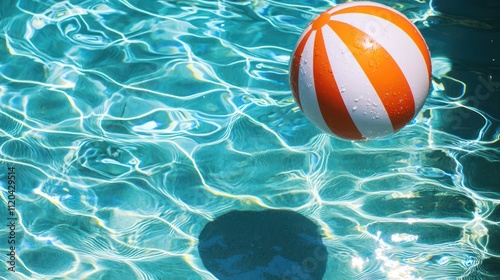 Beach ball floating in a pool clear water on a sunny day