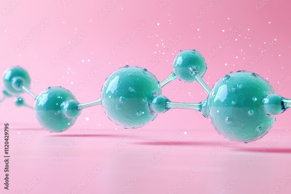 A 3D representation of molecular structures against a pink background.