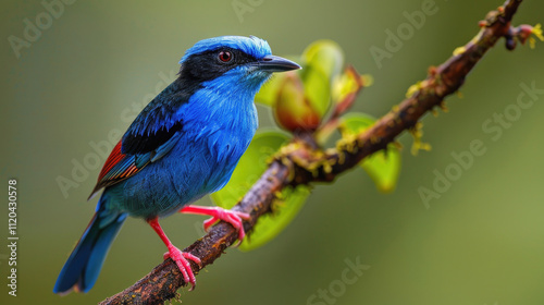 Vibrant Blue Bird Perched on a Branch in Lush Greenery with Soft Focus Background