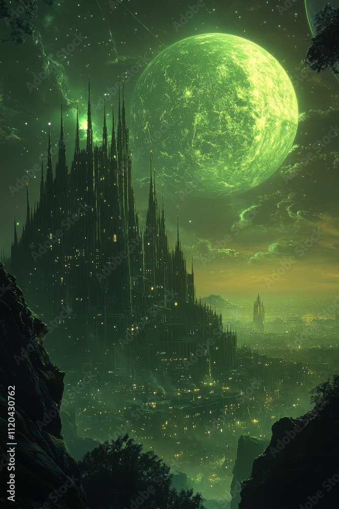 Mystical fortress rising under green moonlight fantasy landscape digital art ethereal environment aerial view surreal concept Mystical fortress rising under green moonlight fantasy landscape digital art ethereal environment aerial view surreal concept