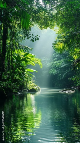 Lush tropical rainforest with tranquil waters and sunlight rays