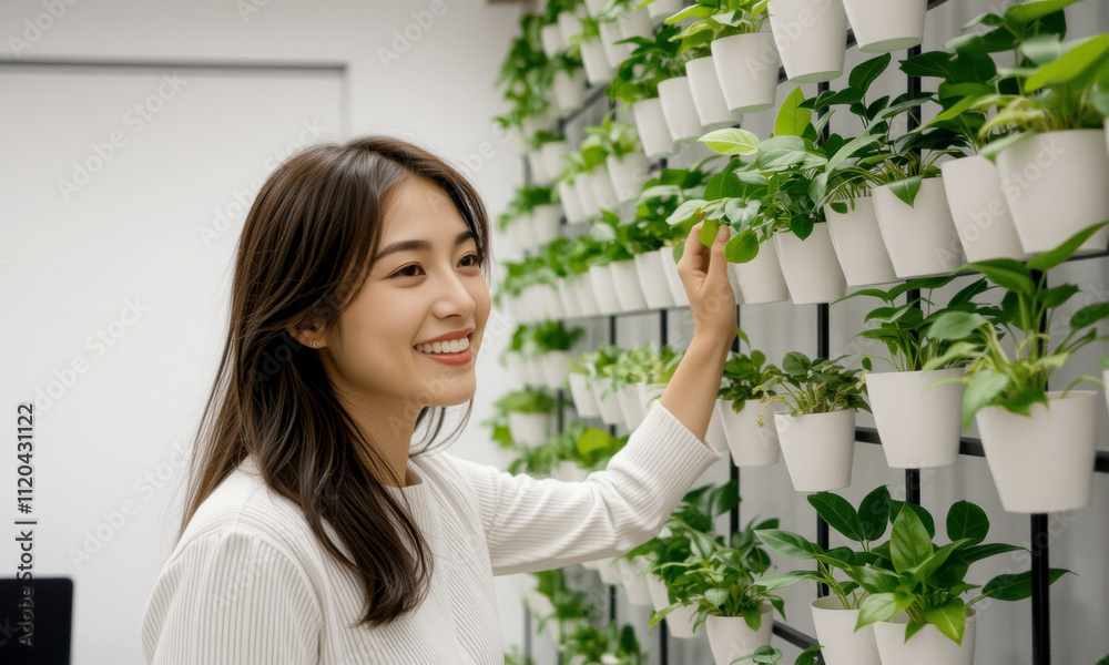 woman smiles while tending to vertical garden filled with green plants. indoor setting creates refreshing atmosphere, showcasing her connection with nature woman smiles while tending to vertical garden filled with green plants. indoor setting creates refreshing atmosphere, showcasing her connection with nature