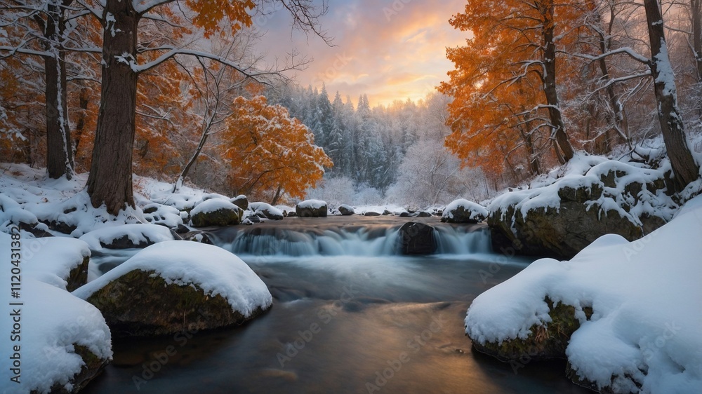 Escena de transición estacional con un río reflejando árboles de hojas naranjas y nevadas, destacando la mezcla de estaciones al atardecer Escena de transición estacional con un río reflejando árboles de hojas naranjas y nevadas, destacando la mezcla de estaciones al atardecer