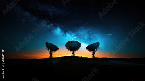 Three large satellite dishes are silhouetted against a dramatic sunset and starry night sky, creating a stunning scene of cosmic discovery and technological wonder.