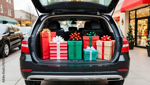 Open Car Trunk Filled with Wrapped Christmas Gifts.