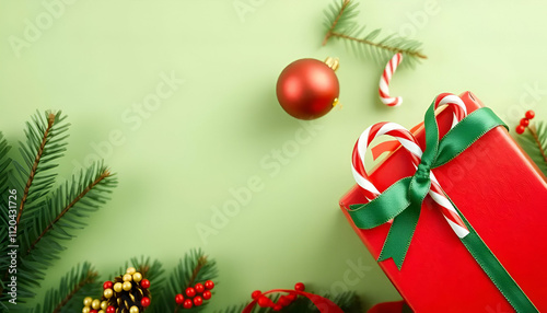 Cozy Holiday Scene: Red Gift with Green Ribbon, Candy Canes, Ornaments, and Pine Branches on a Festive Green Background.