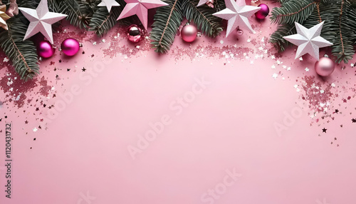 Pink Festive Background with Christmas Ornaments and Fir Tree.