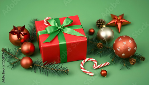 Cozy Holiday Scene: Red Gift with Green Ribbon, Candy Canes, Ornaments, and Pine Branches on a Festive Green Background.