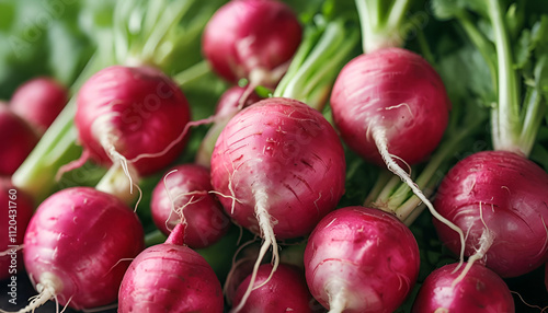 Fresh Red Radishes with Green Stems in a Market.