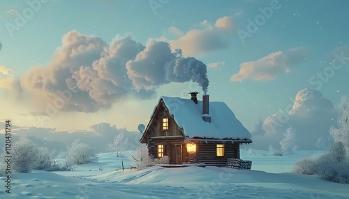 A picturesque winter scene featuring a quaint wooden house, emitting wisps of smoke, nestled in a snowy landscape photo