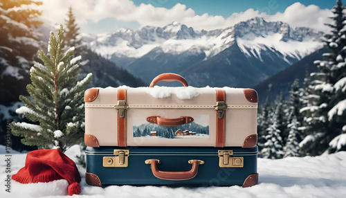 Suitcase Packed for Holiday Adventures Against a Snowy Backdrop - Perfect for Travel Brochures, Greeting Cards, and Seasonal Designs.