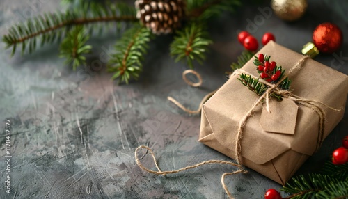 A Christmas gift box with a blank tag and a fir tree, on a gray background photo