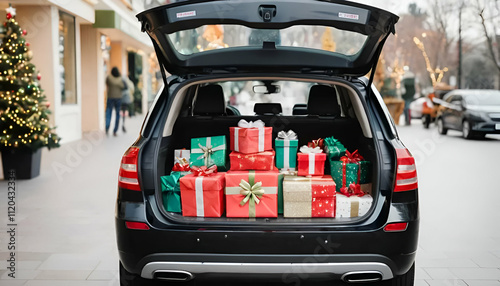 Car Trunk Packed with Christmas Decorations and Shopping Bags for Festive Lifestyle Content.