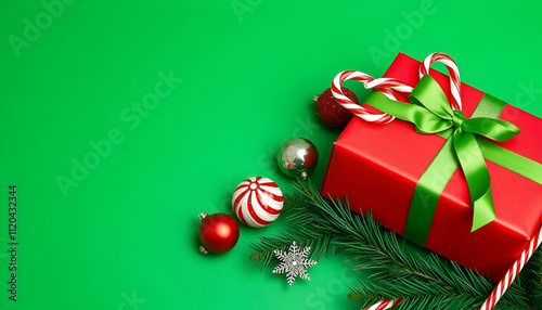 Minimalist Christmas Scene: Red Gift Box with Green Ribbon, Candy Canes, Ornaments, and Pine Branches on a Festive Green Background.