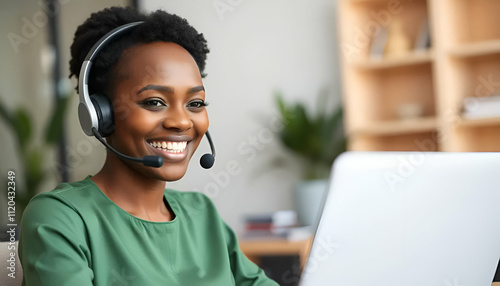  Smiling African Woman Call Center Agent with Headset and Laptop in Professional Setting.