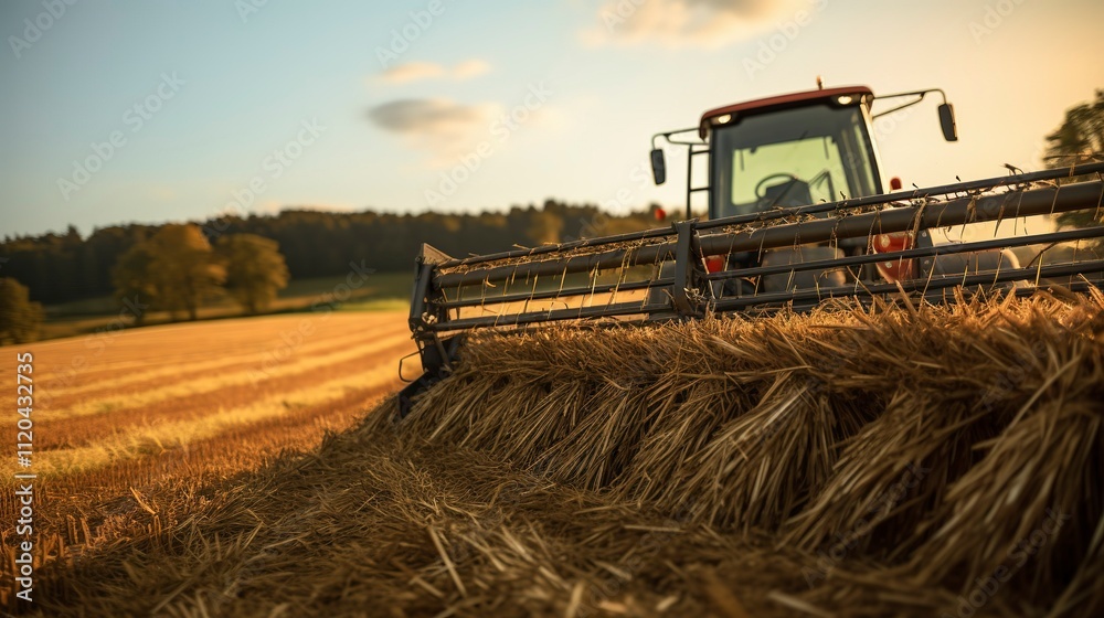 Fototapeta premium A photo of a modern hay rake collecting hay.