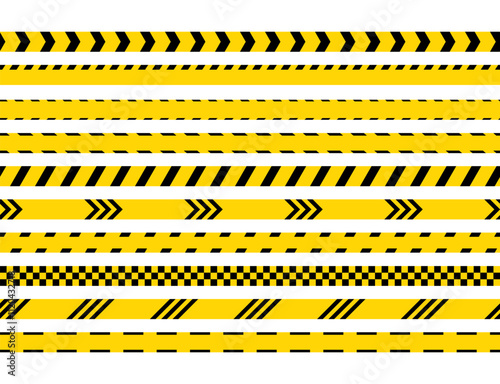 Barrier borders for crime places on white background. Seamless striped security ribbons. Police yellow tapes. Set warning tapes lines for restriction of criminal accident zones. Vector illustration.