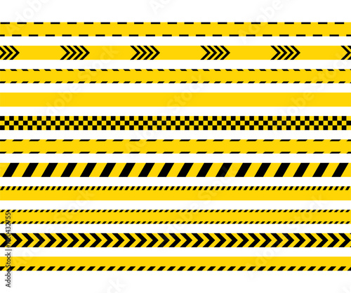 Criminal accident place. Warning ribbons. Yellow seamless striped tapes on white background. Do not enter police barrier tapes for crime scenes. Set of caution bands Vector illustration