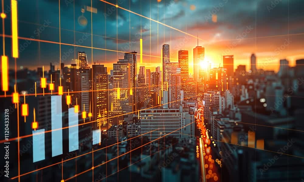 Night cityscape with superimposed stock market graph data.