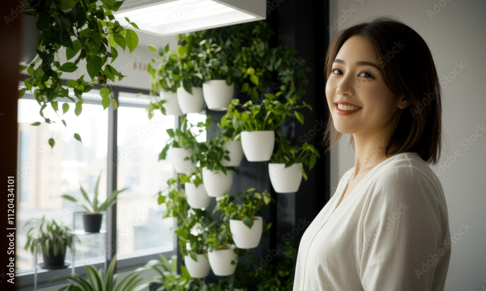 woman stands in bright room with vertical garden, smiling. lush greenery creates refreshing atmosphere, enhancing beauty of space woman stands in bright room with vertical garden, smiling. lush greenery creates refreshing atmosphere, enhancing beauty of space
