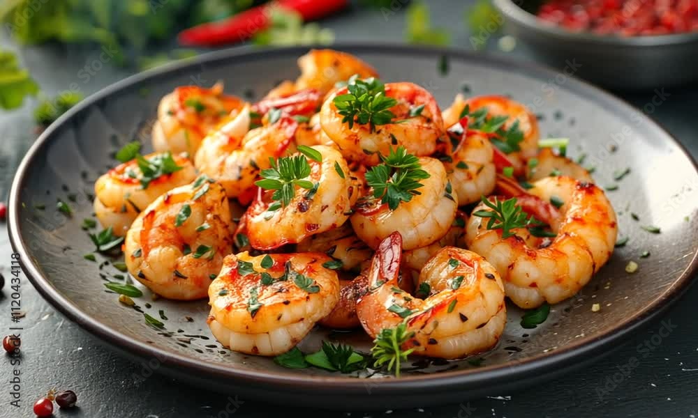 Spicy grilled shrimps with parsley on a dark plate. Spicy grilled shrimps with parsley on a dark plate.