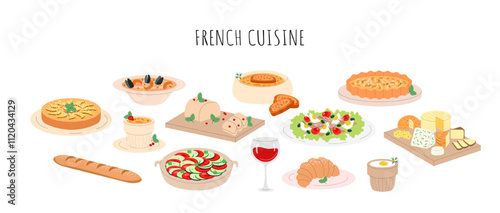 French cuisine set. Dishes and food. Ratatouille, foie gras, bouillabaisse, tarte tatin, creme brulee, salad nicoise, baguette, wine, croissant, onion soup, egg cocotte, cheese. Vector illustration