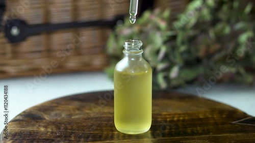 Woman checking liquid cosmetic in transparent glass dropper bottle. Drops of oil from a glass pipette.