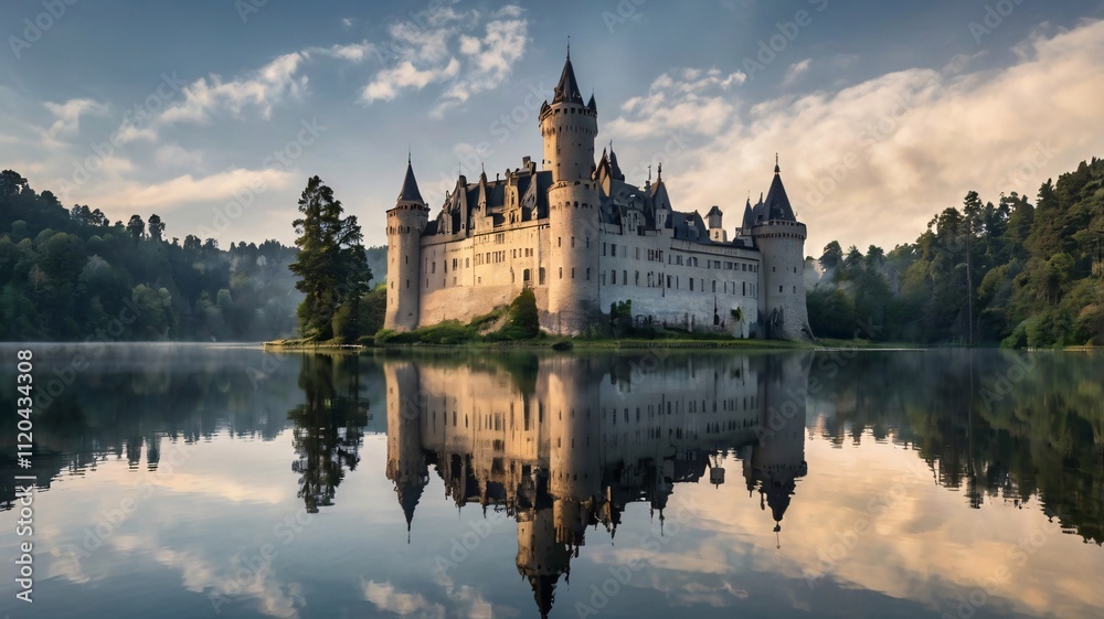 Obraz premium Majestic Castle at Dusk Reflecting on Tranquil Lake in Fairy Tale Scene V1