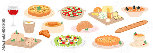 French cuisine set. Dishes and food. Ratatouille, foie gras, bouillabaisse, tarte tatin, creme brulee, salad nicoise, baguette, wine, croissant, onion soup, egg cocotte, cheese. Vector illustration