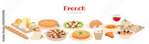 French cuisine set. Dishes and food. Ratatouille, foie gras, bouillabaisse, tarte tatin, creme brulee, salad nicoise, baguette, wine, croissant, onion soup, egg cocotte, cheese. Banner, poster