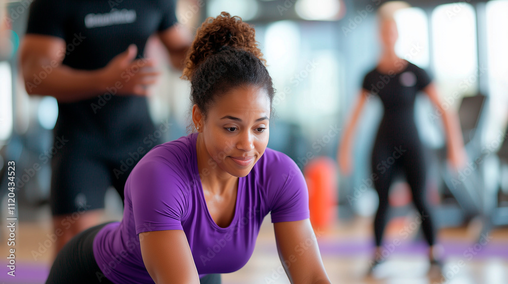 Woman Planking with Trainer in Gym Setting