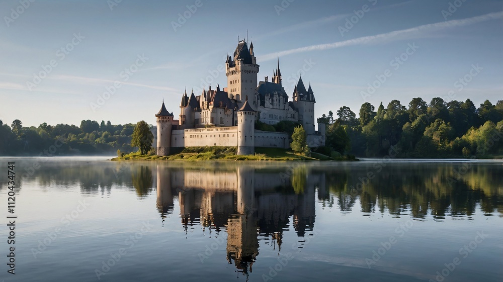 Fototapeta premium Majestic Castle at Dusk Reflecting on Tranquil Lake in Fairy Tale Scene V4