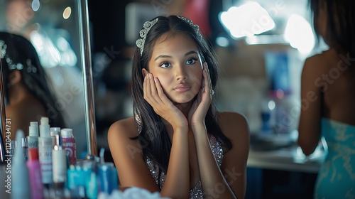 A beauty pageant contestant lounges in a dressing room, surrounded by makeup artists and hairstylists, with beauty products scattered across the space.