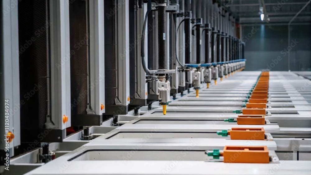 Rows of sleek automated machines equipped with sensors and cameras working in unison as parts are deftly moved from one station to the next.