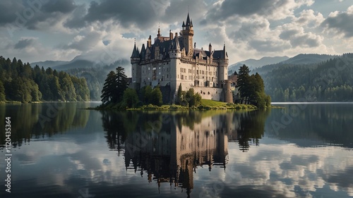 Majestic Castle at Dusk Reflecting on Tranquil Lake in Fairy Tale Scene V7