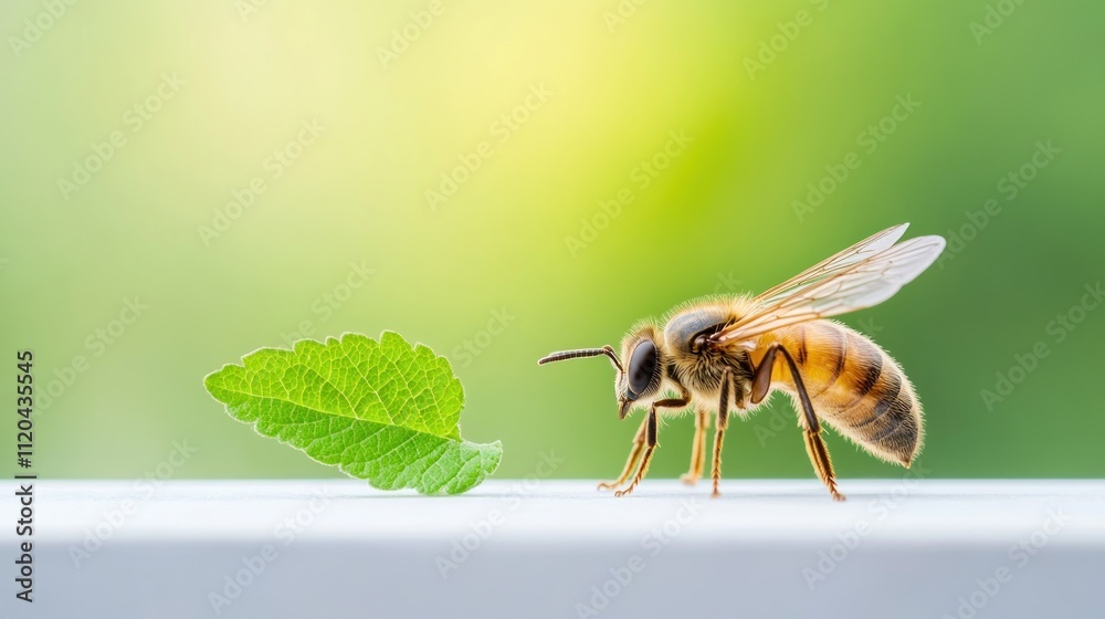 Fototapeta premium A close-up of a bee beside a green leaf on a blurred background.