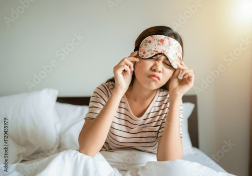 Caucasian young female in striped shirt adjusting floral sleep mask in bed photo