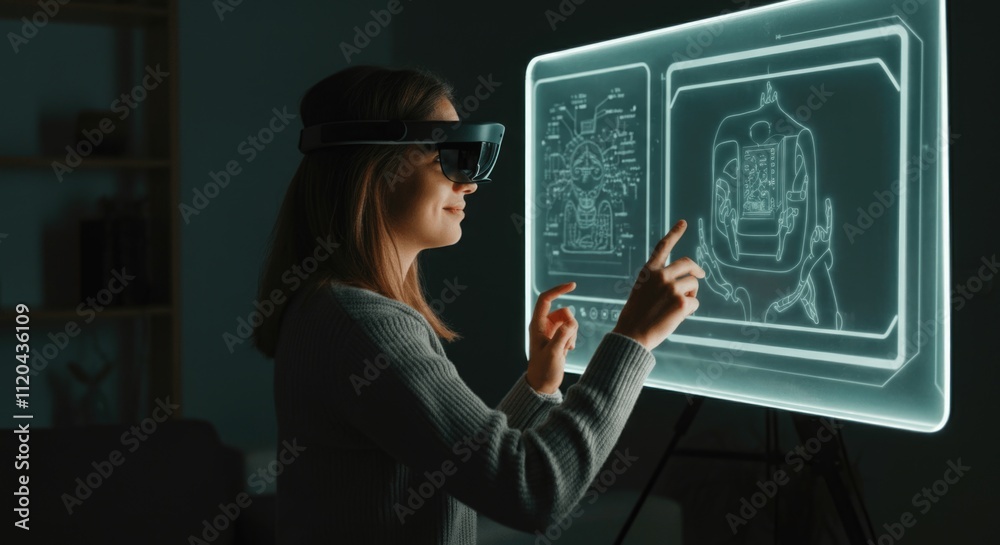 Young caucasian female using augmented reality for innovative design in a tech environment Young caucasian female using augmented reality for innovative design in a tech environment