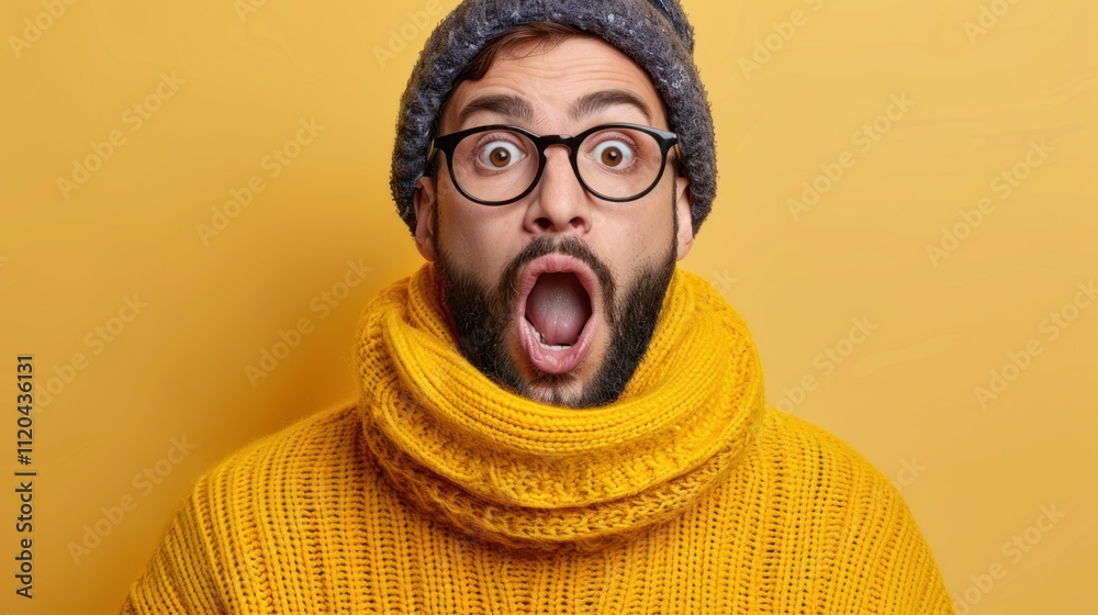 Expression of surprise from a young man in a bright yellow sweater against a vivid backdrop Expression of surprise from a young man in a bright yellow sweater against a vivid backdrop