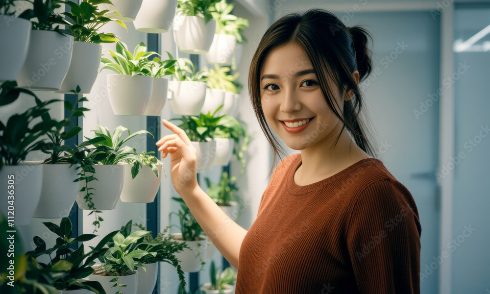 woman smiles while interacting with vertical garden filled with plants, showcasing vibrant indoor space. Her joyful expression adds warmth to greenery around her woman smiles while interacting with vertical garden filled with plants, showcasing vibrant indoor space. Her joyful expression adds warmth to greenery around her