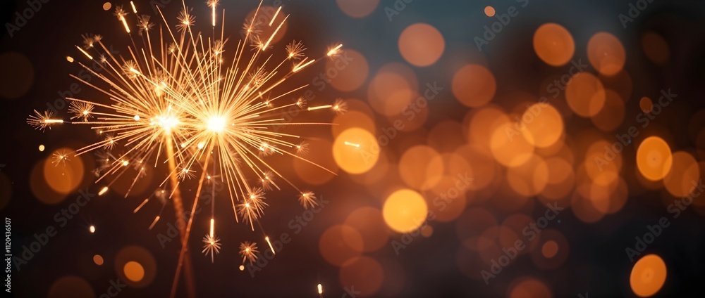Fototapeta premium Golden sparklers burst against a bokeh background of warm lights, celebrating New Year's or Christmas