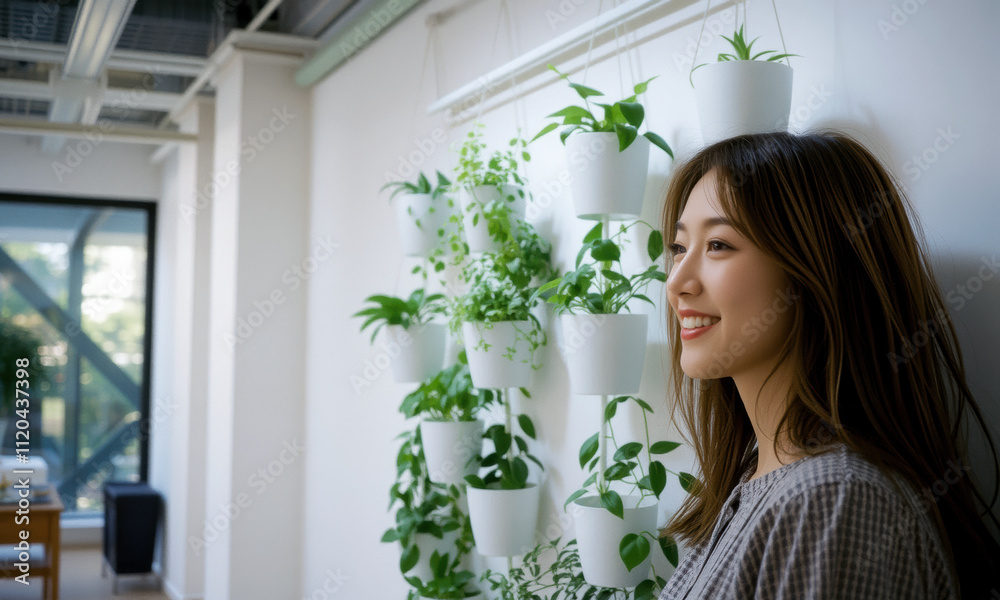 woman stands beside vertical garden, smiling softly in bright indoor space. greenery adds refreshing touch to modern environment woman stands beside vertical garden, smiling softly in bright indoor space. greenery adds refreshing touch to modern environment