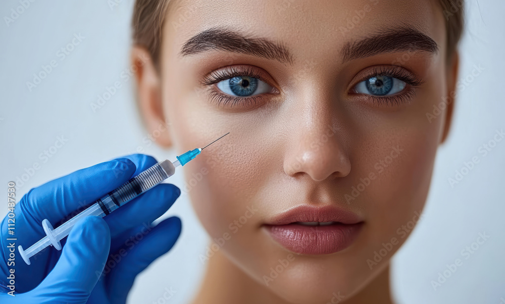 Close-up of a cosmetic procedure with a syringe and a young woman preparing for treatment Close-up of a cosmetic procedure with a syringe and a young woman preparing for treatment