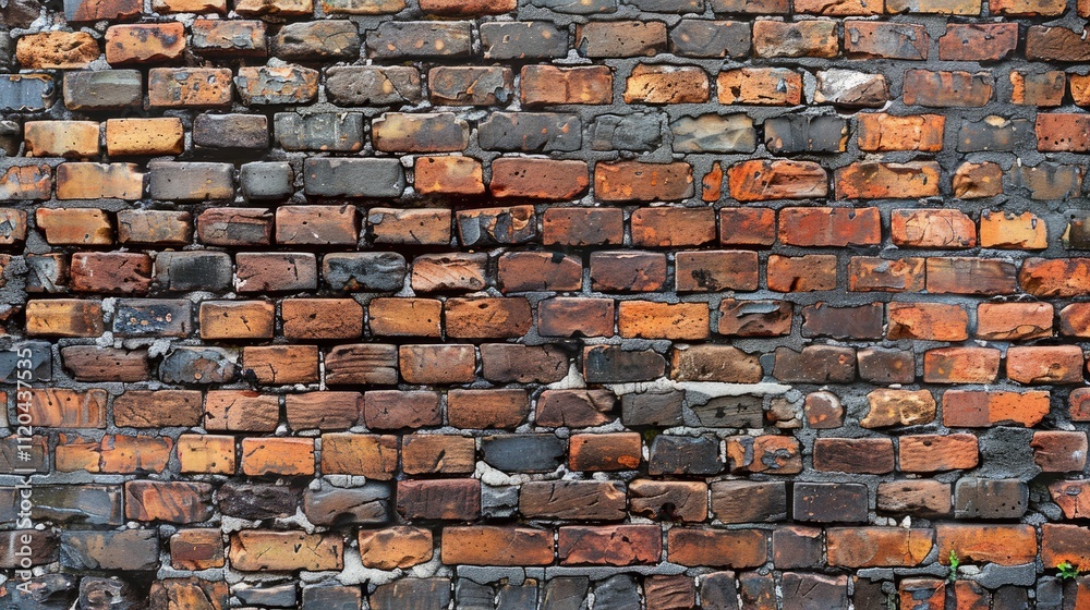 Panoramic view of a weathered red brick wall showcasing unique textures and hues Panoramic view of a weathered red brick wall showcasing unique textures and hues