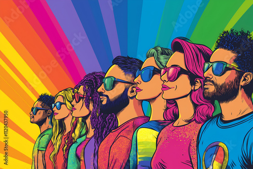 Pop art illustration depicting the pride day and the LGBT community with diverse people